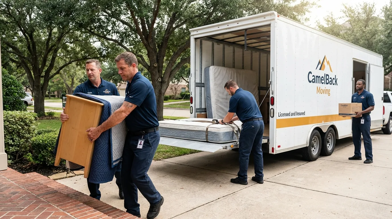 Crew loading residential truck for cross-state move from Hamlet, NC