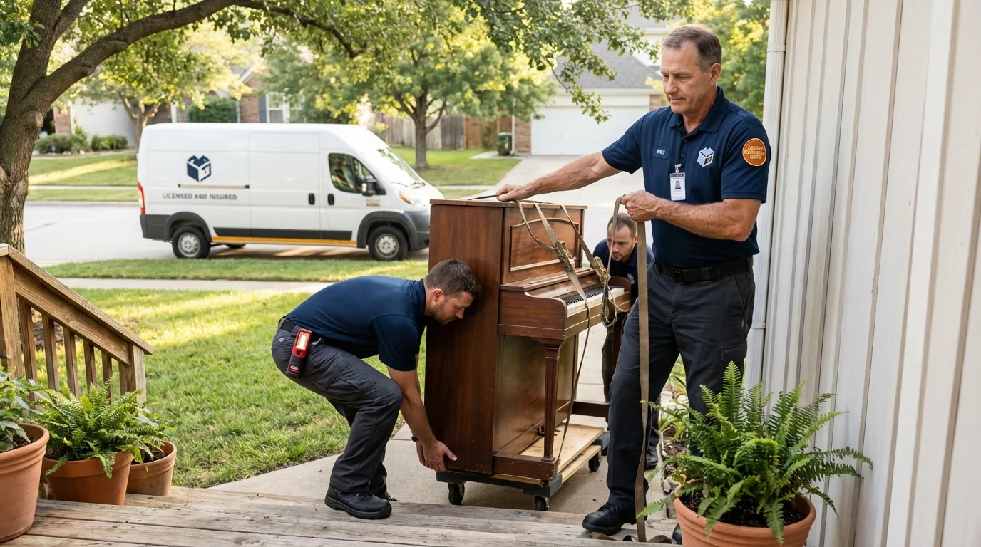 Licensed piano movers securing grand piano in Hamlet, NC