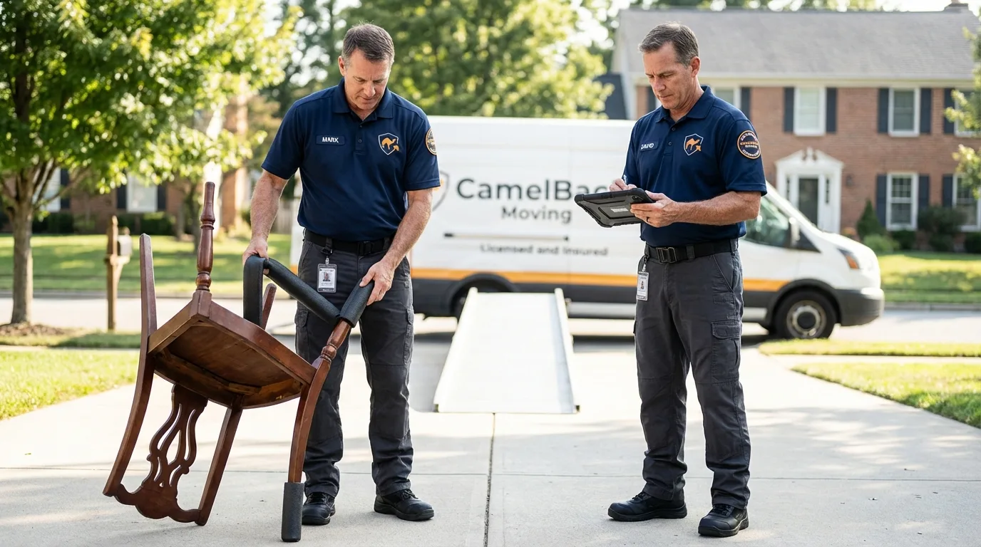 Movers inspecting furniture for damage prevention before loading in Hamlet, NC